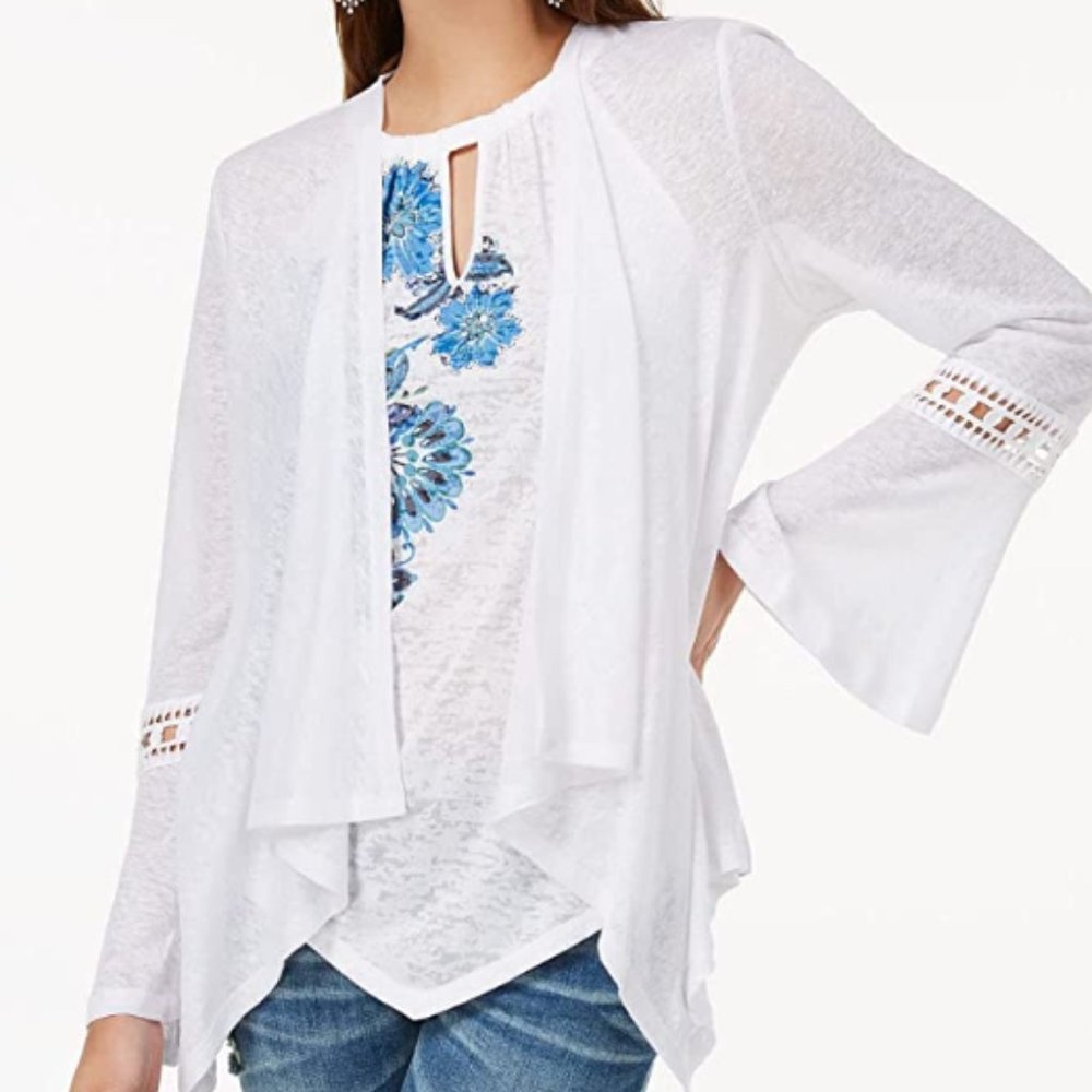 Inc International Concepts Crochet-Sleeve Linen Cozy, Cre White XXL